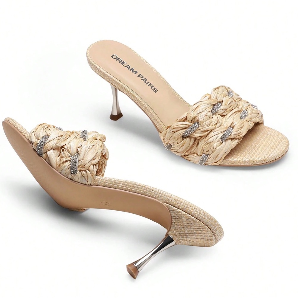 🆕 Raffia Mule Sandals With Crystal Embellishments